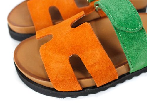 papuci damă Vita Colore din piele întoarsă portocalie și verde, cu talpă neagră și închidere reglabilă cu velcro