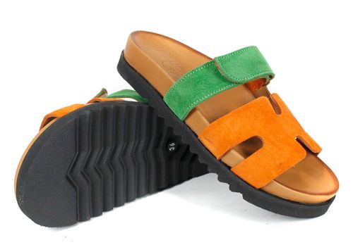 papuci damă Vita Colore din piele întoarsă portocalie și verde, cu talpă neagră și închidere reglabilă cu velcro