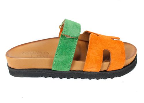 papuci damă Vita Colore din piele întoarsă portocalie și verde, cu talpă neagră și închidere reglabilă cu velcro
