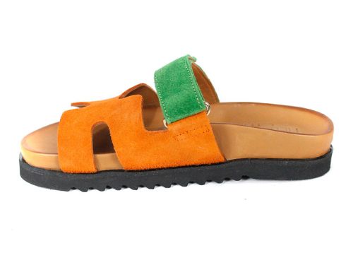 papuci damă Vita Colore din piele întoarsă portocalie și verde, cu talpă neagră și închidere reglabilă cu velcro