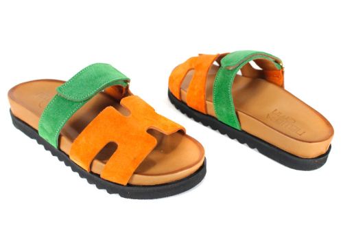 papuci damă Vita Colore din piele întoarsă portocalie și verde, cu talpă neagră și închidere reglabilă cu velcro
