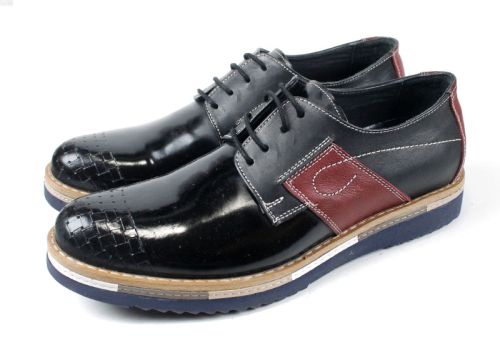 Преоценени мъжки обувки от естествена кожа и лак в черно с бордо елементи 1508