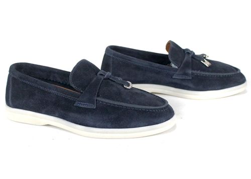 Мистика – дамски мокасини от тъмносин велур с кожена стелка и гъвкаво бяло ходило