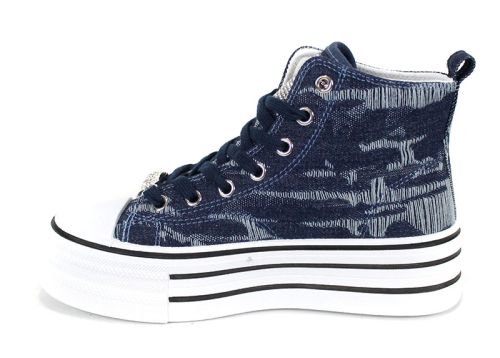 Дамски високи кецове от тъмносин деним с брошка и платформа