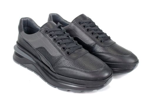 Мъжки спортни обувки Silente Nero от естествена кожа – черни и сиви, мемори пяна, гъвкаво ходило