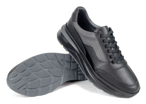 Мъжки спортни обувки Silente Nero от естествена кожа – черни и сиви, мемори пяна, гъвкаво ходило