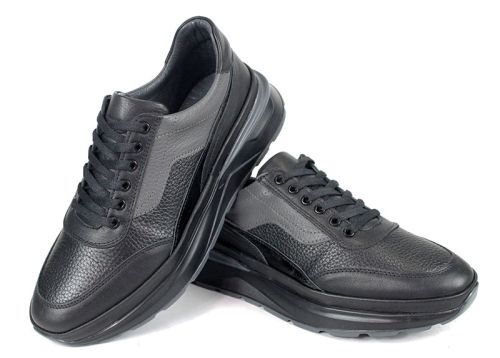 Мъжки спортни обувки Silente Nero от естествена кожа – черни и сиви, мемори пяна, гъвкаво ходило