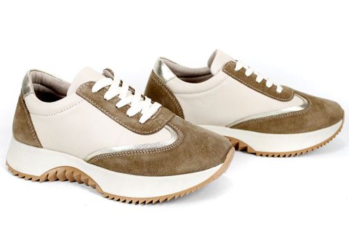 Дамски сникърси Eleganza Viso – естествена кожа бежова и визон велур със златист акцент