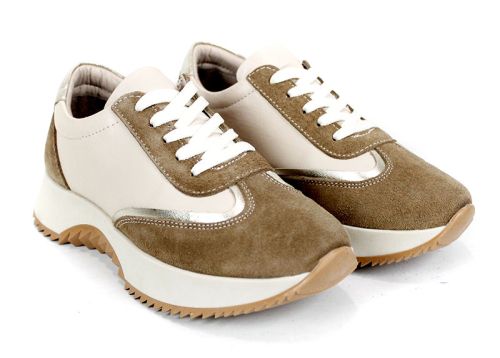 Дамски сникърси Eleganza Viso – естествена кожа бежова и визон велур със златист акцент