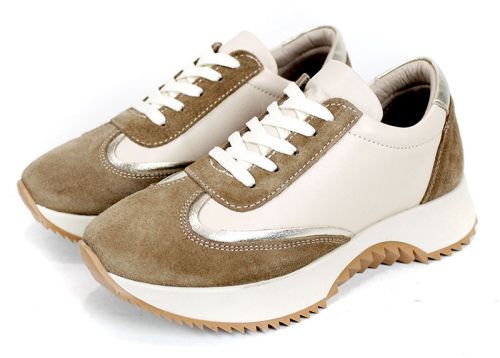 Дамски сникърси Eleganza Viso – естествена кожа бежова и визон велур със златист акцент