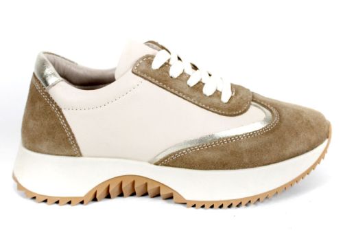 Дамски сникърси Eleganza Viso – естествена кожа бежова и визон велур със златист акцент