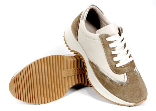 Дамски сникърси Eleganza Viso – естествена кожа бежова и визон велур със златист акцент