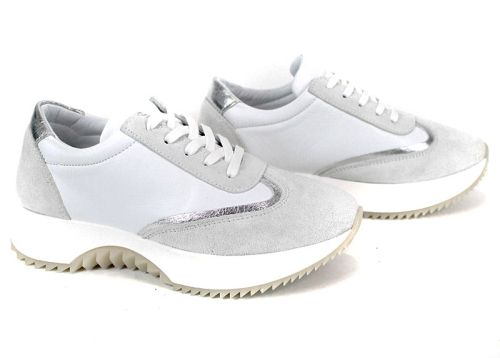 Дамски сникърси Eleganza Viso от бяла кожа, бял велур и сребрист детайл