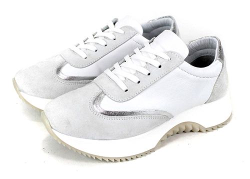 Дамски сникърси Eleganza Viso от бяла кожа, бял велур и сребрист детайл