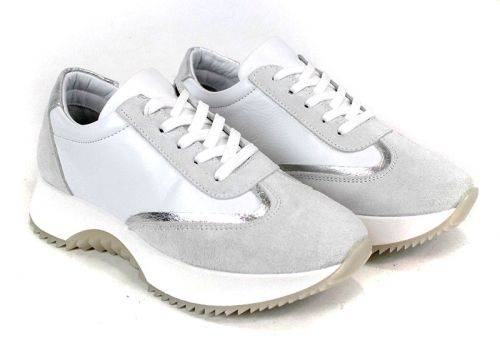 Дамски сникърси Eleganza Viso от бяла кожа, бял велур и сребрист детайл