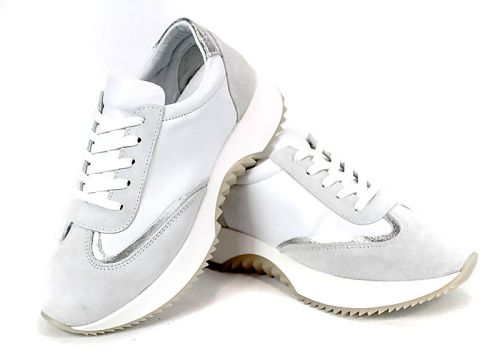 Дамски сникърси Eleganza Viso от бяла кожа, бял велур и сребрист детайл