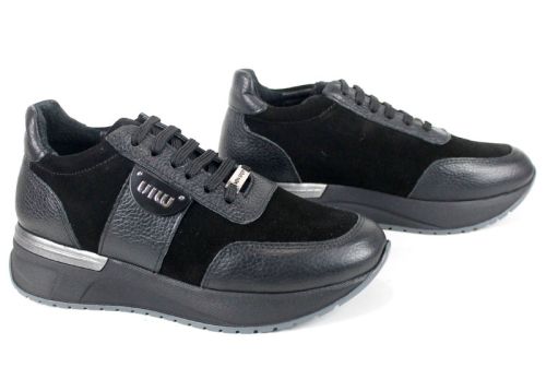 Дамски сникърси Bruna Forte – естествена кожа и велур, черни, с гъвкаво спортно ходило.