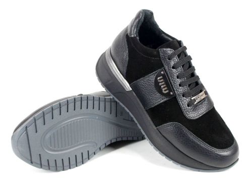 Дамски сникърси Bruna Forte – естествена кожа и велур, черни, с гъвкаво спортно ходило.