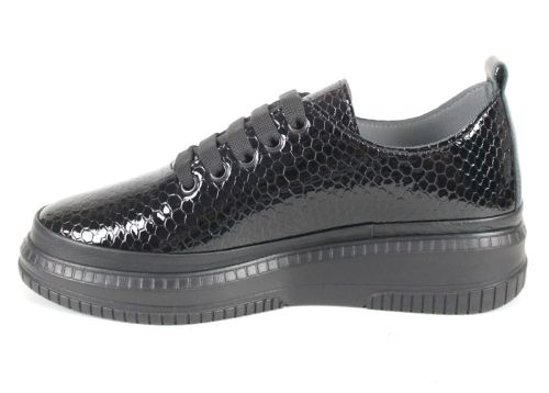 Дамски ежедневни обувки Lusso Nero – черен лак със змийски релеф, анатомична стелка с мемори пяна