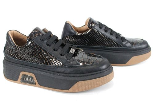 дамски обувки Vita Elegante черни от естествена кожа и лак със змийска щампа