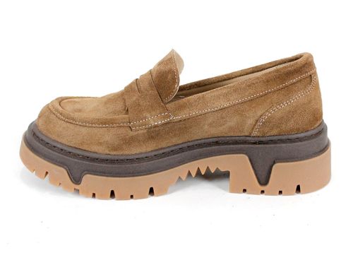 дамски лоуфъри Aurora Line велур цвят канела с грубо ходило