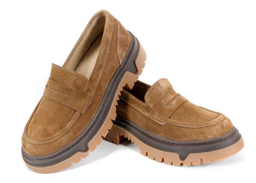 дамски лоуфъри Aurora Line велур цвят канела с грубо ходило