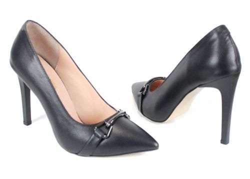 Дамски обувки Nera от естествена кожа, черен цвят, с висок ток и декоративен акцент