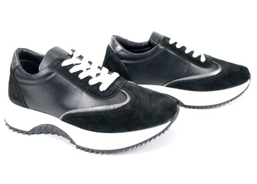 Дамски сникърси  Eleganza Viso от черна кожа и велур с бяла подметка