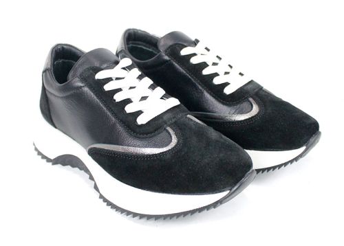 Дамски сникърси  Eleganza Viso от черна кожа и велур с бяла подметка