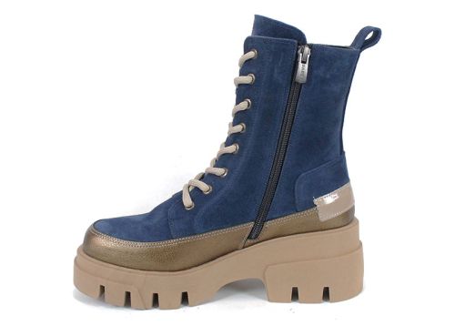 Дамски кубинки Luna Forte от естествена кожа и велур, с високо ходило, цип и топъл плюшен хастар.