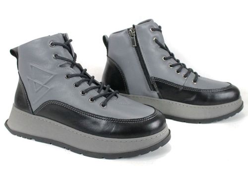 Дамски спортни боти Linea Nova от естествена кожа, комбинация от сиво и черно, с високо ходило и цип за удобно обуване.