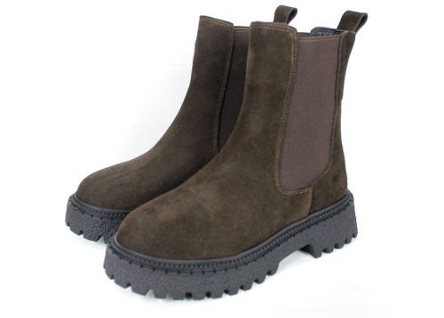 дамски боти Челси Terra Velluto от естествен кафяв велур с дебело равно ходило