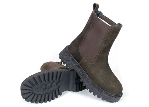 дамски боти Челси Terra Velluto от естествен кафяв велур с дебело равно ходило