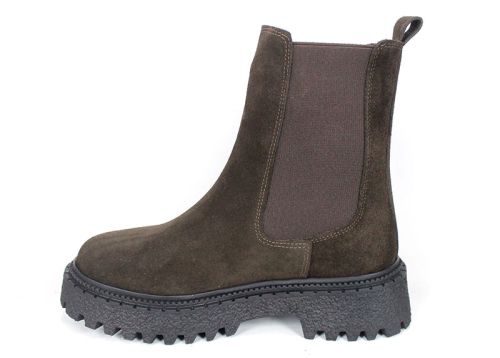 дамски боти Челси Terra Velluto от естествен кафяв велур с дебело равно ходило