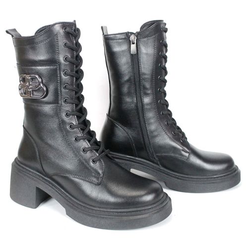 дамски кубинки Nero Audace от естествена черна кожа с ток и топъл хастар