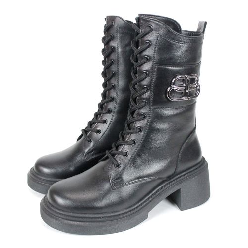 дамски кубинки Nero Audace от естествена черна кожа с ток и топъл хастар