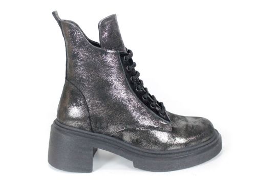 дамски боти Argenta Luna от естествена кожа с черно-сребрист металически ефект, с връзки и цип, ток и зимно ходило