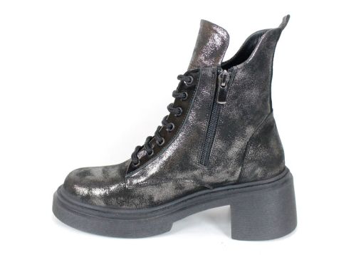 дамски боти Argenta Luna от естествена кожа с черно-сребрист металически ефект, с връзки и цип, ток и зимно ходило