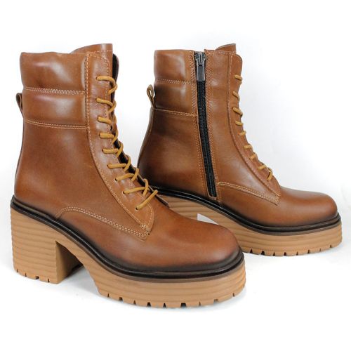 дамски кубинки Bruna Forte от естествена кожа в светло кафяв цвят, с връзки и цип, ток и платформа