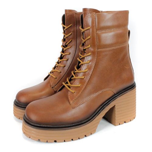 дамски кубинки Bruna Forte от естествена кожа в светло кафяв цвят, с връзки и цип, ток и платформа