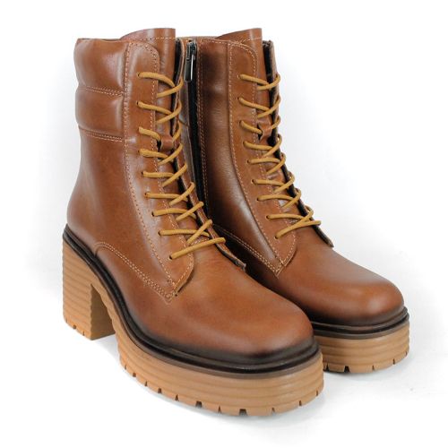 дамски кубинки Bruna Forte от естествена кожа в светло кафяв цвят, с връзки и цип, ток и платформа