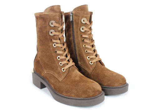 дамски кубинки Dolce Fumo от естествен велур в цвят тютюн с дебело зимно ходило