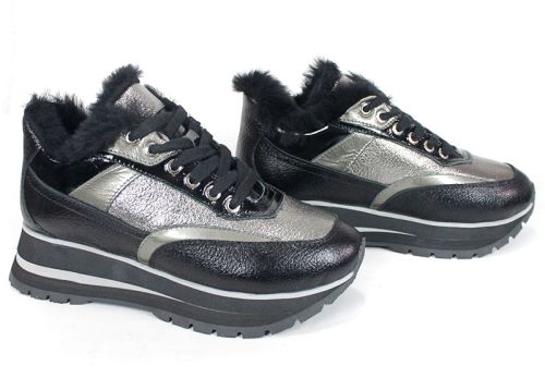 дамски сникърси Aurora Shine естествена кожа платинена и черна с вълнен хастар