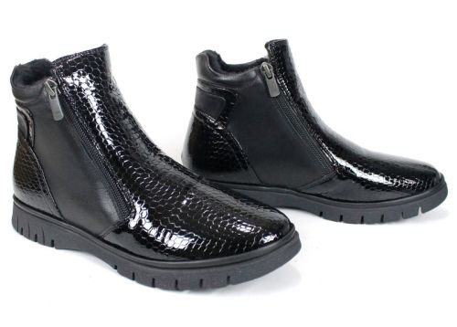 дамски ниски боти Velina Forte от естествен лак и кожа, с плюшен хастар и два ципа