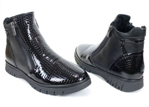 дамски ниски боти Velina Forte от естествен лак и кожа, с плюшен хастар и два ципа