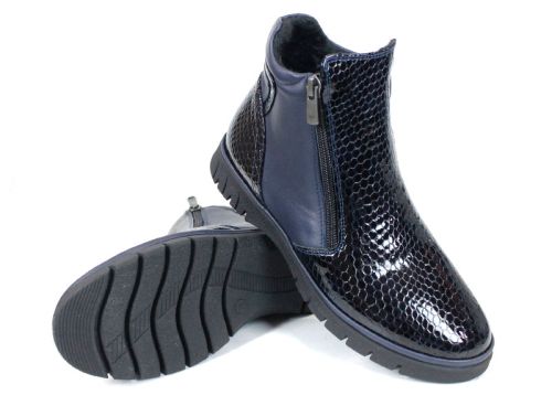 дамски ниски боти Velina Forte от естествен лак и кожа, тъмносини, с плюшен хастар и два ципа