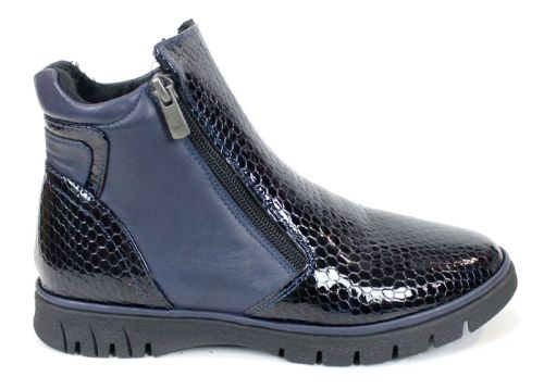 дамски ниски боти Velina Forte от естествен лак и кожа, тъмносини, с плюшен хастар и два ципа