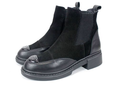дамски боти Noiré Lume, черни, естествена кожа и велур, Челси модел, зимни, нисък ток, елегантен стил