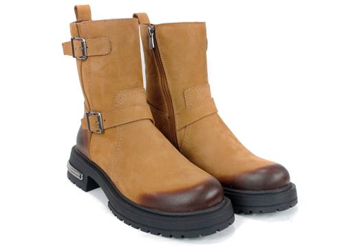 дамски боти естествен набук цвят тютюн зимни удобни