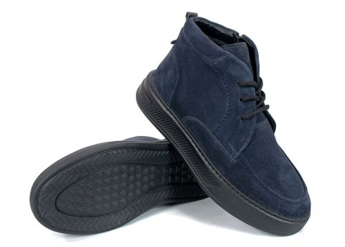 Мъжки боти Loftе Vento – естествен велур, тъмно сини, с връзки и цип, топъл хастар
